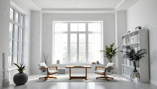 Interior view on the white spacious office with big window, book selves and working place of phychology therapist isolated with white shades, png photo