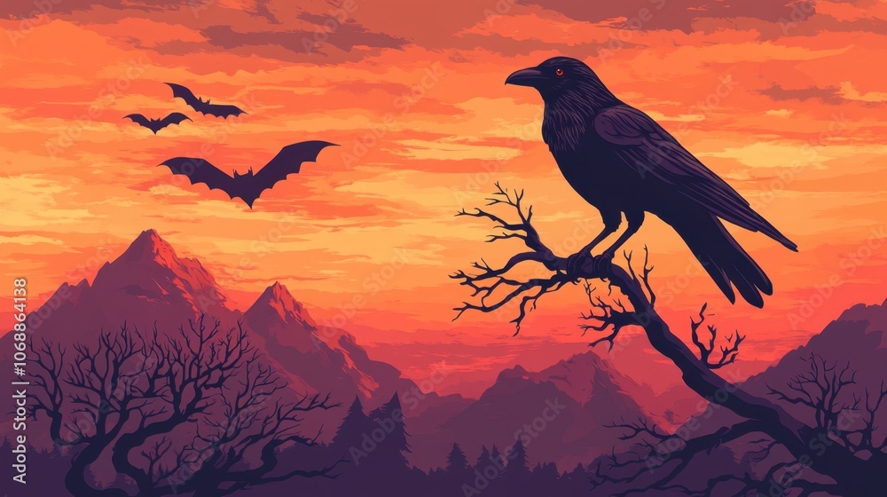 Obraz premium Raven Silhouette Against Mountain Sunset