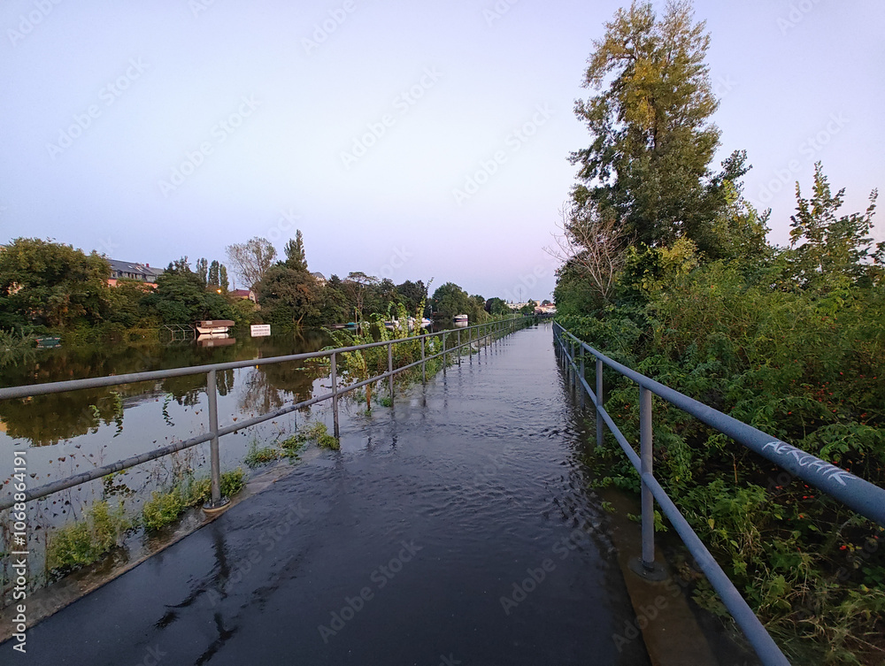 Fototapeta premium Dresden Germany September 18, 2024: The water level on the Elbe is over 6 meters, the flood has already flooded the Elbe meadows and the lower-lying paths.