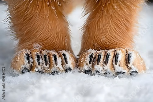 Close-up of a furry animal's paws in snow, showcasing texture and winter environment. photo