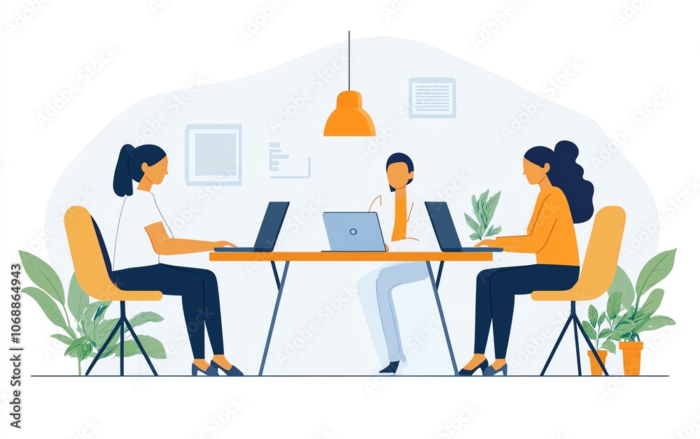 Group of three people working on laptops and talking to each other in an office setting, flat design with simple shapes, minimal details, and a white background Group of three people working on laptops and talking to each other in an office setting, flat design with simple shapes, minimal details, and a white background