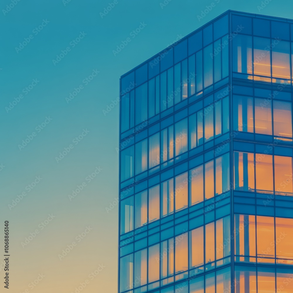Modern glass office building at dusk with warm lights glowing inside. Modern glass office building at dusk with warm lights glowing inside.