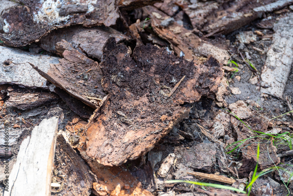 a lot of tree bark as the remains of an old wood store in the forest a lot of tree bark as the remains of an old wood store in the forest