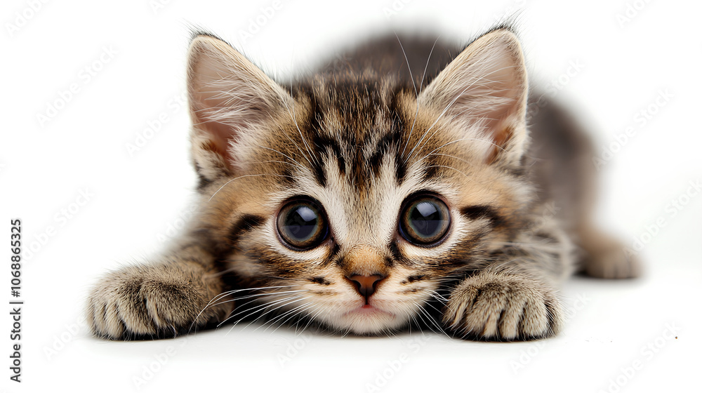 Fototapeta premium Cute tabby kitten with large eyes, crouched on a white background, staring directly forward with a playful, curious expression. 