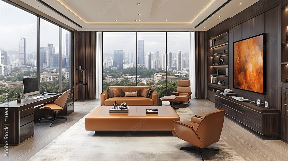 Sleek office layout, blurred effect, professional decor, natural light, large windows, modern furniture Sleek office layout, blurred effect, professional decor, natural light, large windows, modern furniture