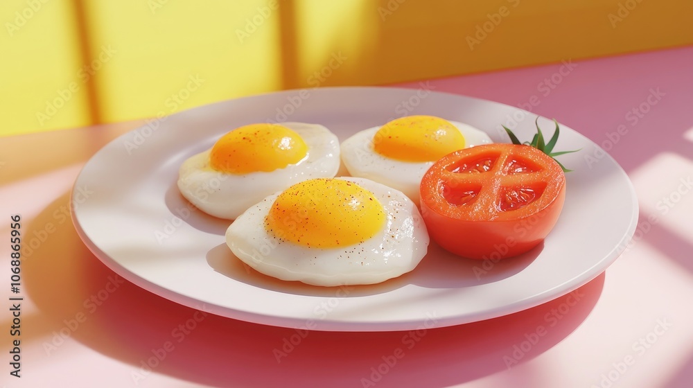 Close up of round fried eggs accompanied by fresh tomatoes on a white plate perfect for breakfast or brunch gatherings Close up of round fried eggs accompanied by fresh tomatoes on a white plate perfect for breakfast or brunch gatherings