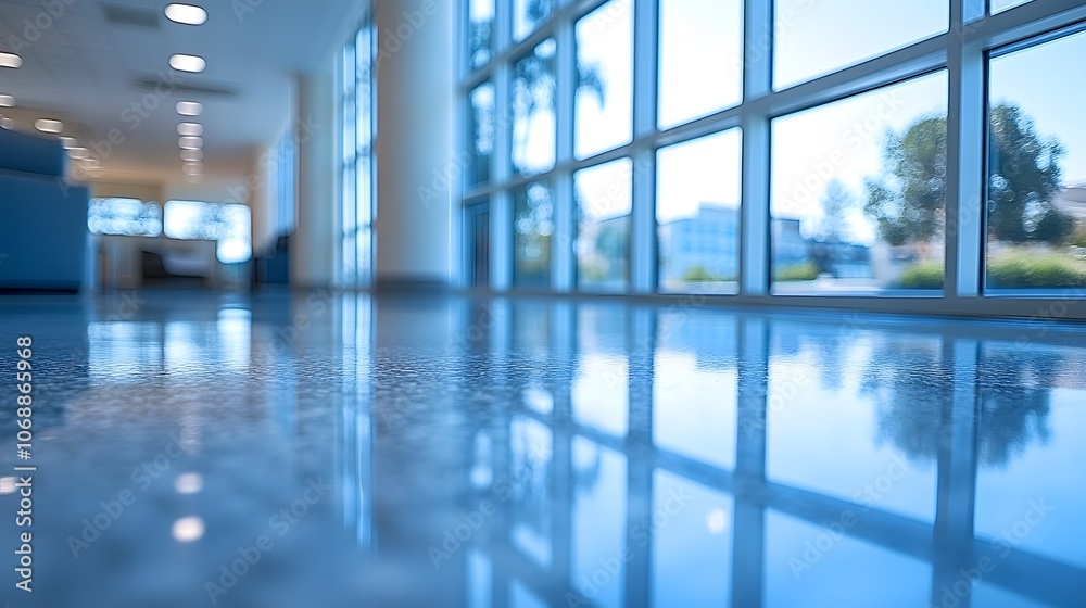 Spacious modern office, blurred view, large windows, clean design, collaborative work environment, bright ambiance Spacious modern office, blurred view, large windows, clean design, collaborative work environment, bright ambiance