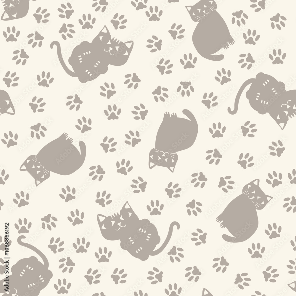 Cat and paw neutral seamless vector pattern background. Backdrop with silhouettes of sitting and lying down cats in a scattered layout. Ecru beige animal repeat for feline and pet products or blog. Cat and paw neutral seamless vector pattern background. Backdrop with silhouettes of sitting and lying down cats in a scattered layout. Ecru beige animal repeat for feline and pet products or blog.