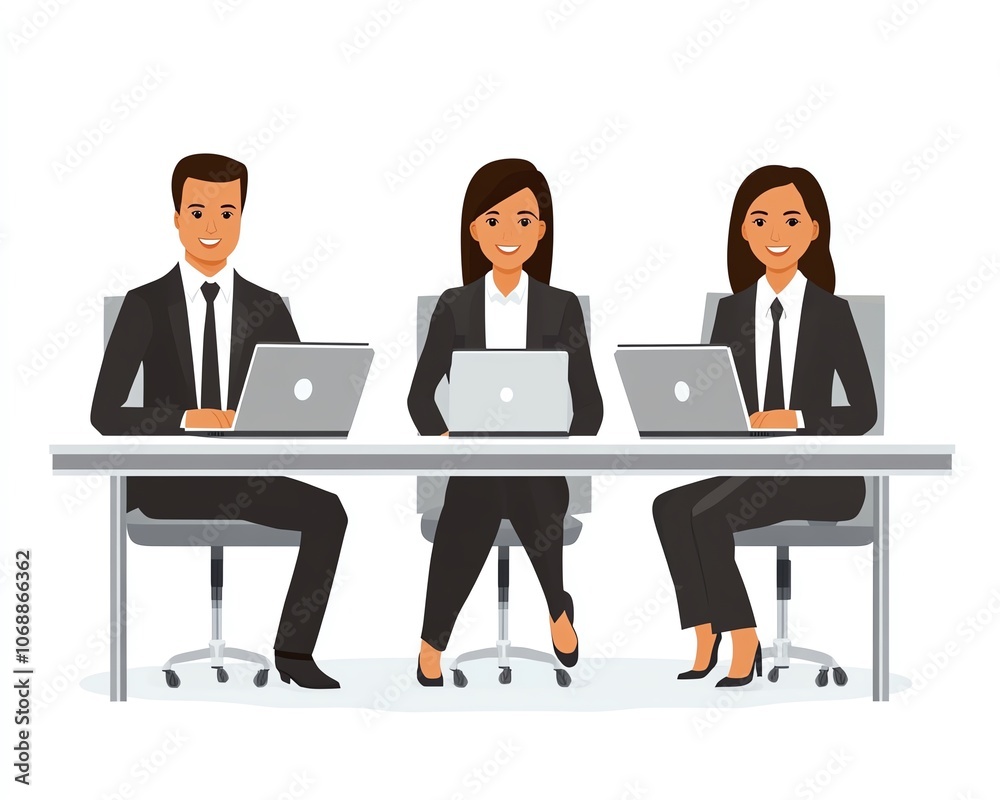 Office scene with three businesspeople sitting at a table, working on laptops, illustration style, white background, focused on teamwork and productivity Office scene with three businesspeople sitting at a table, working on laptops, illustration style, white background, focused on teamwork and productivity