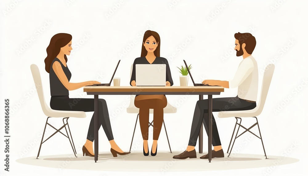 Office scene with three people sitting at a table, working on laptops and discussing, flat design, white background, modern workspace illustration Office scene with three people sitting at a table, working on laptops and discussing, flat design, white background, modern workspace illustration