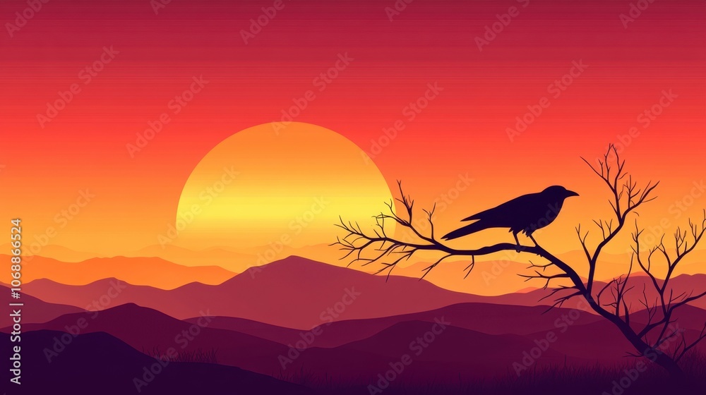 Naklejka premium Silhouette of Bird Against Sunset Background