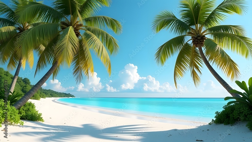 Obraz premium A tropical beach scene with palm trees and the ocean backdrop