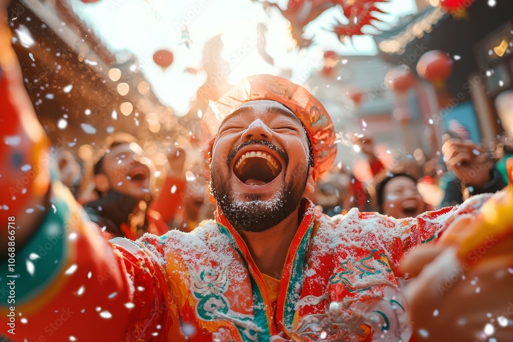 Fototapeta premium Joyful Celebration with Man in Traditional Costume During Chinese New Year Festival with Falling Confetti