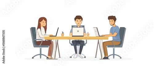 Three professionals at a table in an office, working on laptops, simple illustration style, white background, team of businesspeople collaborating