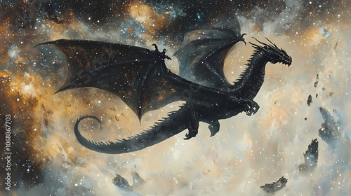 A large black dragon is seen flying gracefully through a galaxy-filled sky, surrounded by stars and cosmic elements. generative ai. Cosmic. Illustration photo