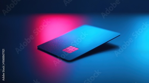 Illuminated credit card with red and blue neon lights.