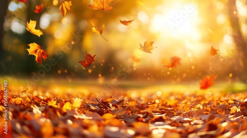 A serene autumn scene with falling leaves illuminated by warm sunlight.