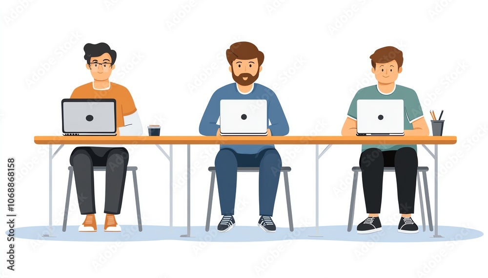 Three young professionals seated at a table in an openplan office, focused on laptops, flat design, blue color scheme with a white background for a fresh workspace Three young professionals seated at a table in an openplan office, focused on laptops, flat design, blue color scheme with a white background for a fresh workspace