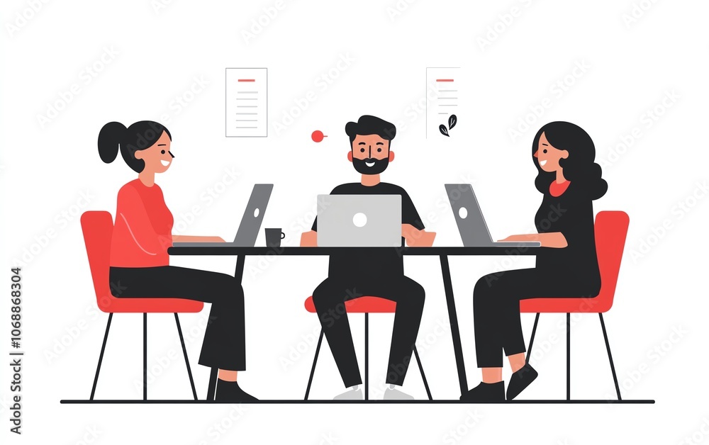 Three young professionals sitting at a table in an office, engaging in conversation while working on laptops, minimal design with simple shapes, white background Three young professionals sitting at a table in an office, engaging in conversation while working on laptops, minimal design with simple shapes, white background