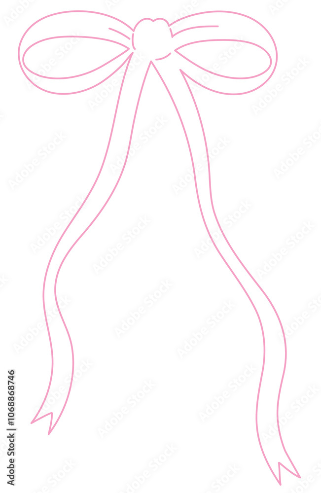 Fototapeta premium Pink bow or ribbon outline for decoration, colouring book, art, painting, tattoo, patch, brooch, fabric print, breast cancer awareness campaign, logo, icon, sign, symbol, fashion, accessory, women