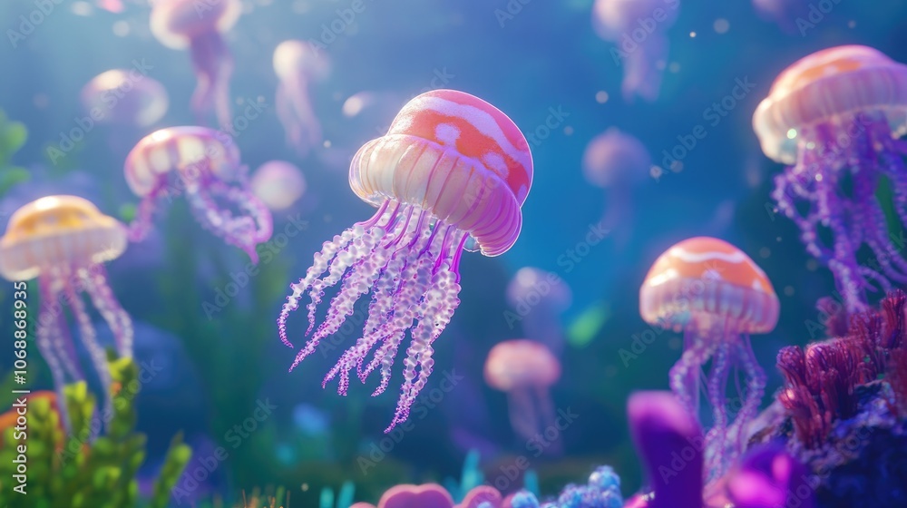 Jellyfish colony gracefully swimming in a vibrant aquarium tank showcasing natural underwater beauty Jellyfish colony gracefully swimming in a vibrant aquarium tank showcasing natural underwater beauty