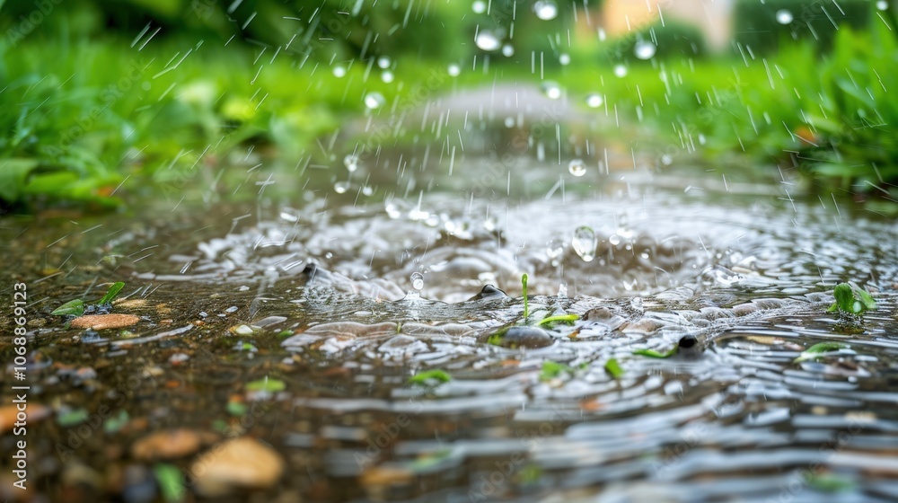 Fototapeta premium Raindrops create ripples on a wet path surrounded by lush green grass, capturing the serene beauty of nature during a rainy day.