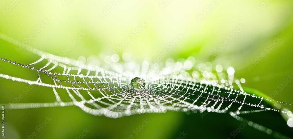 A close-up of a delicate spider web covered in dew, glistening under soft natural light against a blurred green background, symbolizing nature's intricate beauty. A close-up of a delicate spider web covered in dew, glistening under soft natural light against a blurred green background, symbolizing nature's intricate beauty.