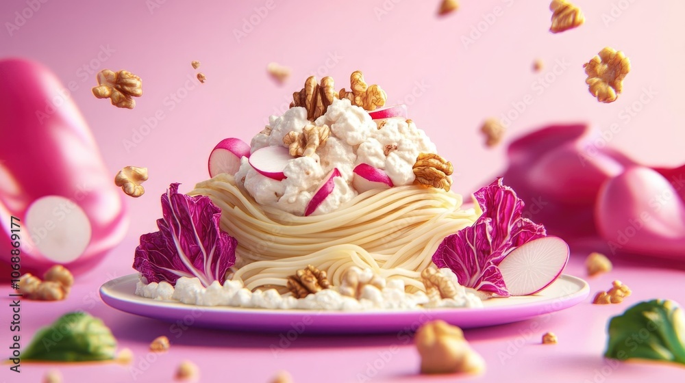 Creamy ricotta pasta with walnuts and radish garnished with fresh radicchio perfect for a vegetarian meal Creamy ricotta pasta with walnuts and radish garnished with fresh radicchio perfect for a vegetarian meal