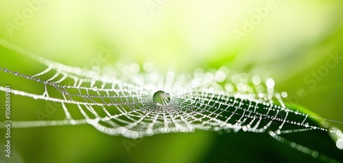 A close-up of a delicate spider web covered in dew, glistening under soft natural light against a blurred green background, symbolizing nature's intricate beauty.