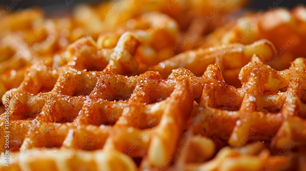 A delicious plate of golden crispy waffle fries seasoned with paprika showing the fine crisscross pattern and texture in this detailed close-up food photography shot A delicious plate of golden crispy waffle fries seasoned with paprika showing the fine crisscross pattern and texture in this detailed close-up food photography shot