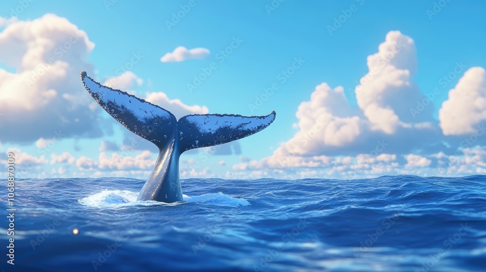 Fototapeta premium Humpback whale tail fluke descending into deep blue ocean waters capturing the majestic marine life
