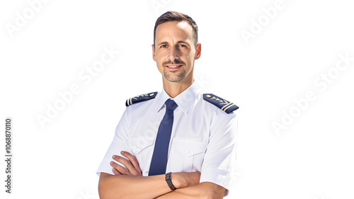 Portrait of smiling young adult male airplane pilot, wearing airplane pilot uniform standing on transparent background PNG. 
 photo