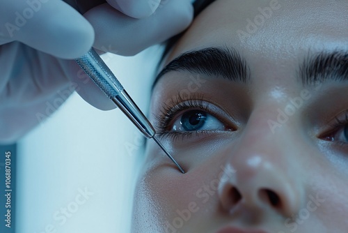 A woman undergoing a Botox injection to correct the hypertonicity of her jaw muscles. Beauty through medicine. photo