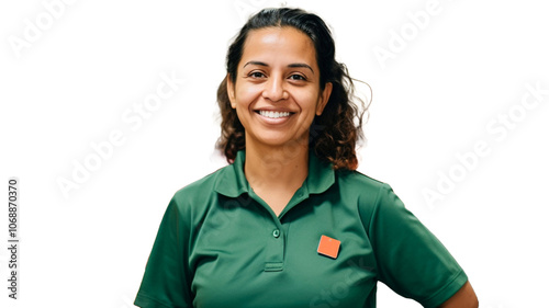 A smiling latin female supermarket employee stands on transparent background PNG. 


