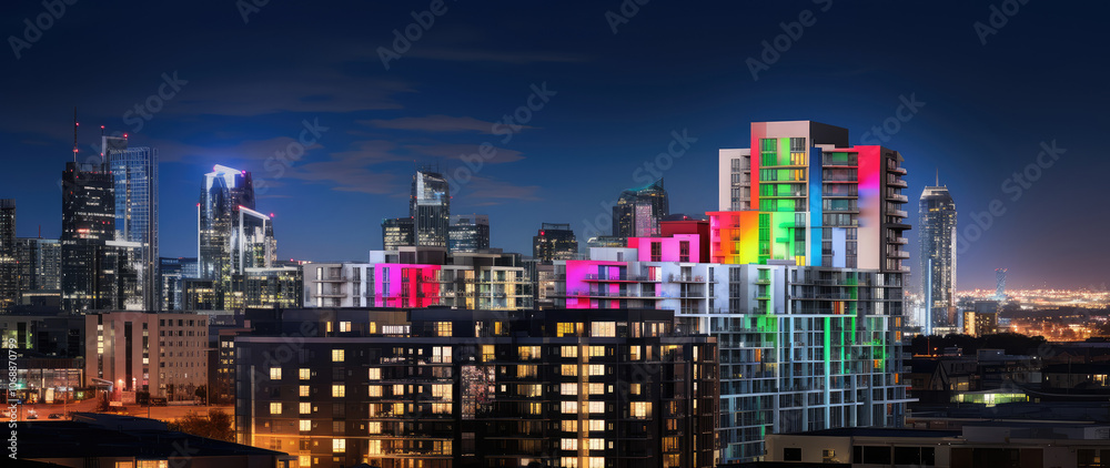 Obraz premium Urban Twilight: Colorful City Skyline Panorama