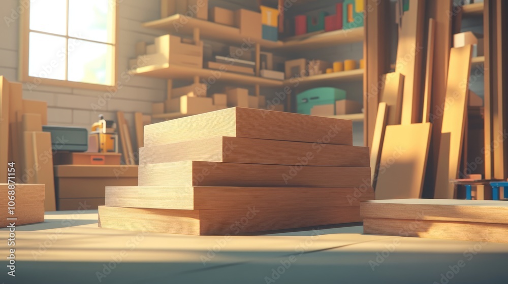 MDF boards stacked in a workshop ideal for furniture crafting and home improvement projects MDF boards stacked in a workshop ideal for furniture crafting and home improvement projects