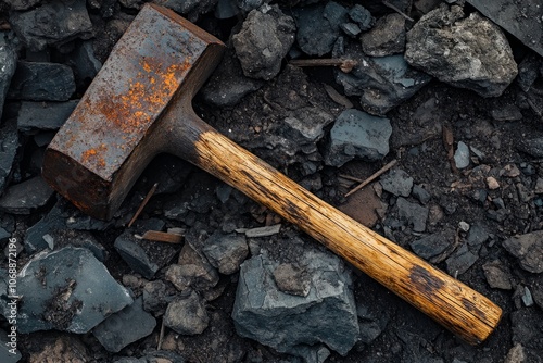 A rugged hammer rests on dark stones. The worn handle tells a story of hard work and durability. This image captures the essence of tools in their element. Generative AI