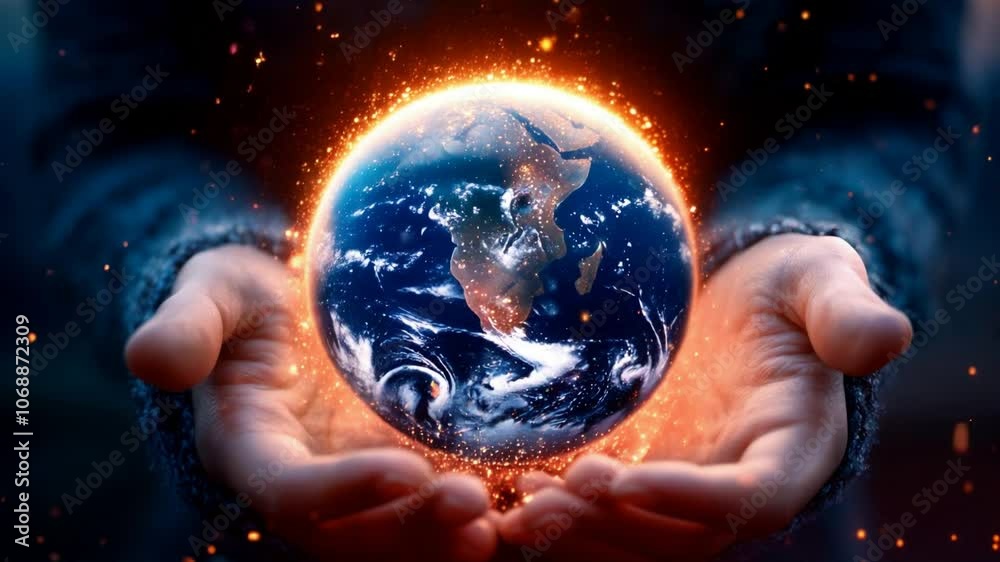 Una cámara fija capta un primer plano de unas manos que sostienen suavemente una Tierra resplandeciente con un halo cálido. La Tierra gira lentamente dentro de las manos, revelando continentes