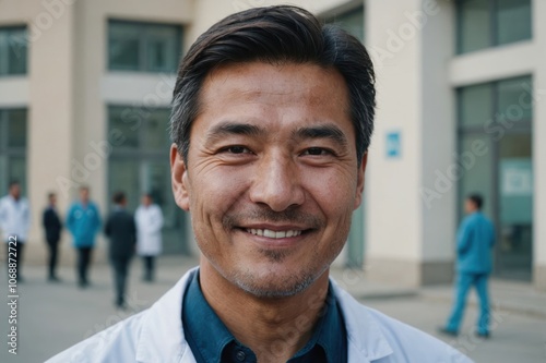 Close portrait of a smiling 40s Kyrgyz man doctor looking at the camera, Kyrgyz hospital blurred background photo