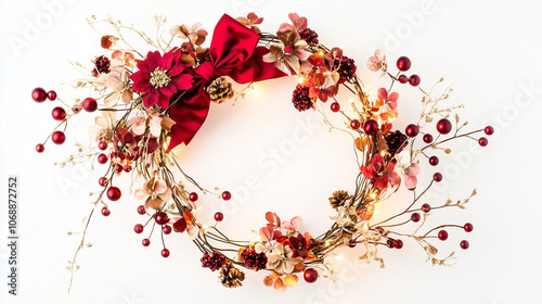 
Christmas decoration. Flower wreath, red bow, berries and golden lights isolated on white. photo