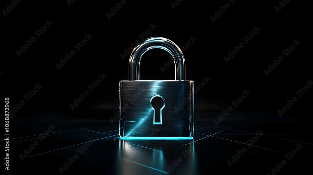 Fototapeta premium Minimalist Silver Padlock Icon with Glowing Blue Outline Against Sleek Black Background