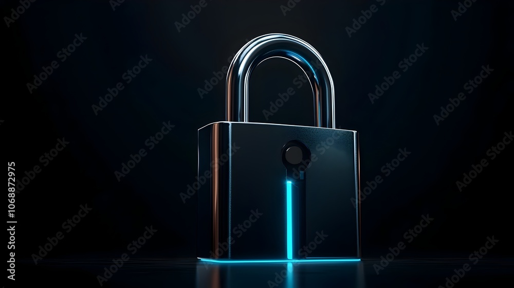 Sleek Minimalist Silver Padlock Icon with Glowing Blue Edges on Black Background Sleek Minimalist Silver Padlock Icon with Glowing Blue Edges on Black Background
