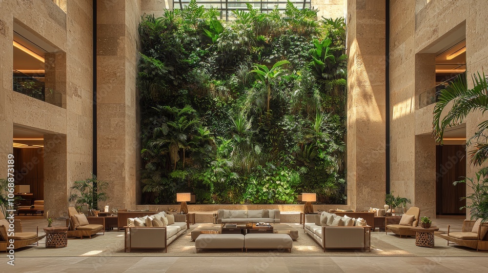 Fototapeta premium A serene lobby featuring lush greenery, natural light, and modern furnishings offers a tranquil atmosphere for relaxation and socializing.