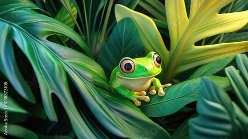 Green tree frog camouflaged among vibrant green leaves showcasing nature s adaptability photo