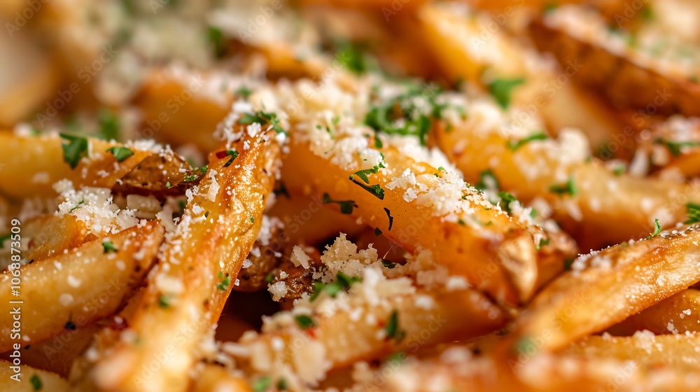 Golden crispy fries covered in minced garlic and grated Parmesan cheese giving them a savory and cheesy coating perfect for snacking or as a delicious side dish served at restaurants Golden crispy fries covered in minced garlic and grated Parmesan cheese giving them a savory and cheesy coating perfect for snacking or as a delicious side dish served at restaurants