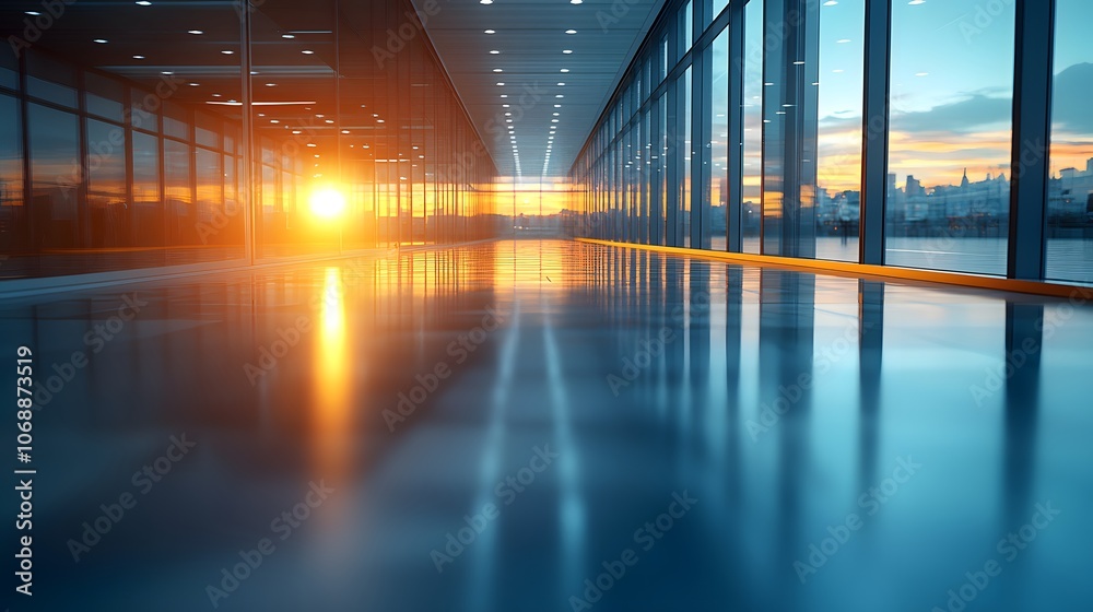 Contemporary office space, soft blur effect, clean lines, natural light, spacious layout, professional ambiance