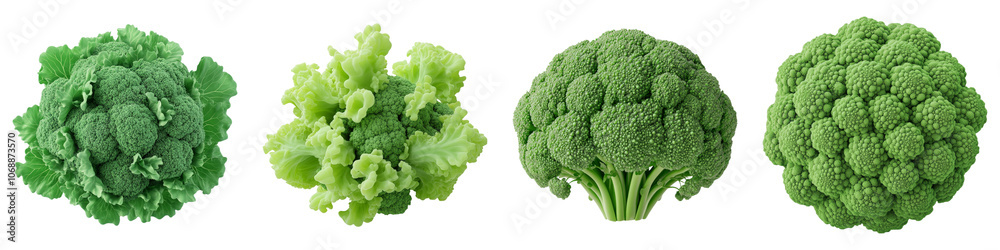 Four distinct varieties of green vegetables, showcasing their unique shapes and textures. Four distinct varieties of green vegetables, showcasing their unique shapes and textures.