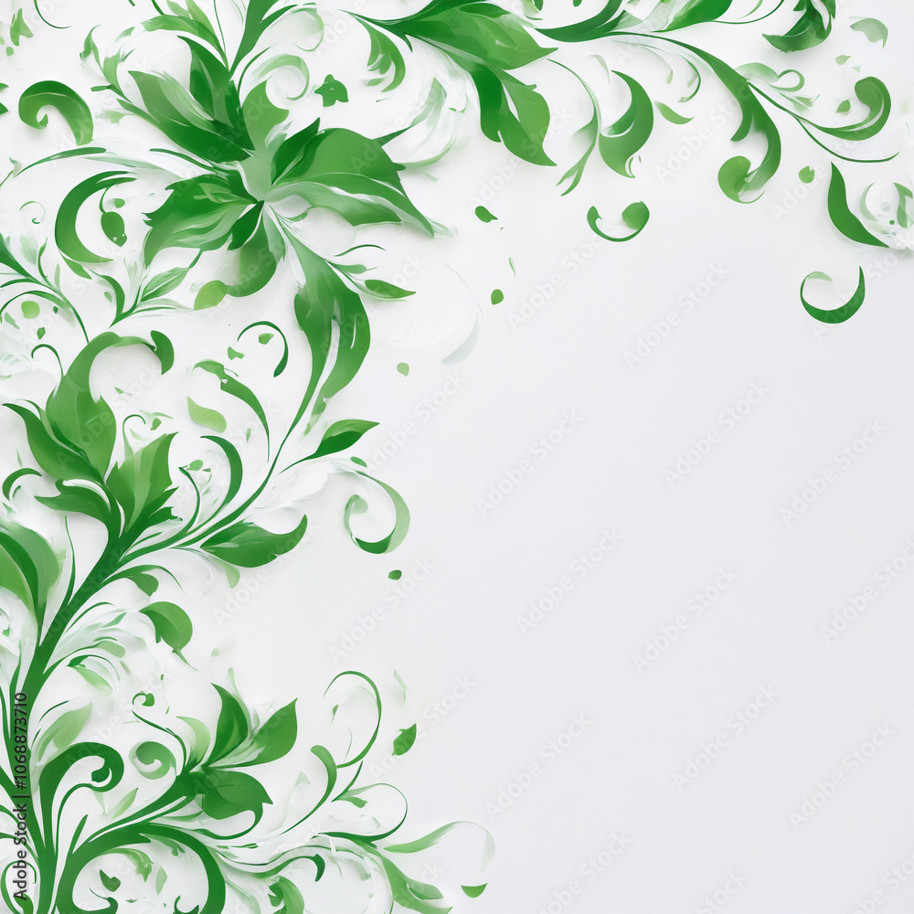 White paper background with green flourishes and copy space White paper background with green flourishes and copy space