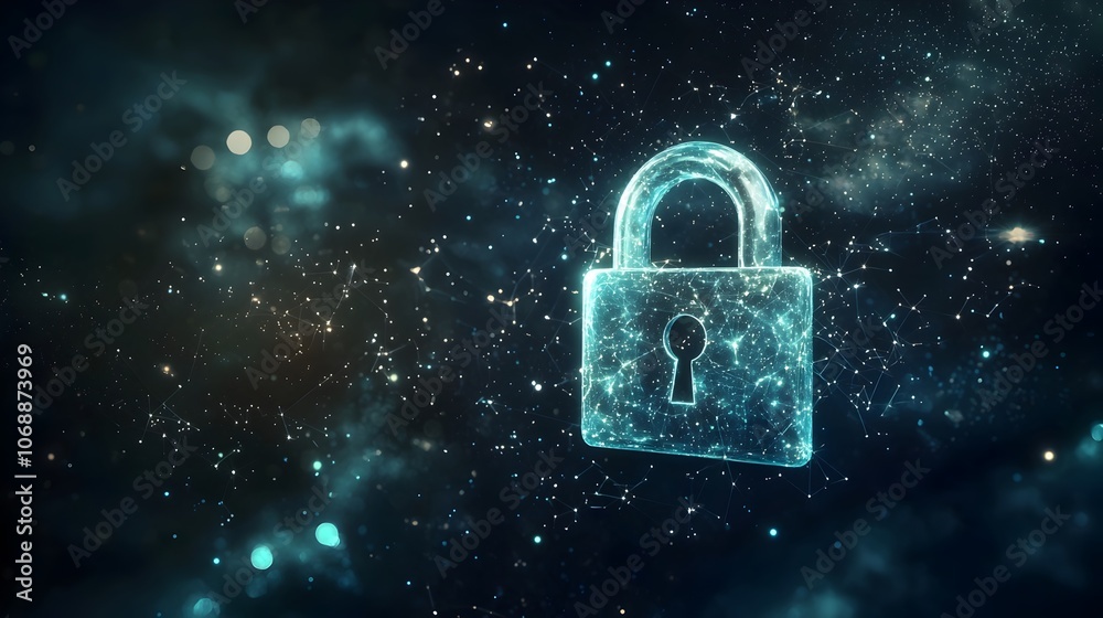 Digital Padlock Icon Floating in Cosmic Space with Glowing Constellations Digital Padlock Icon Floating in Cosmic Space with Glowing Constellations