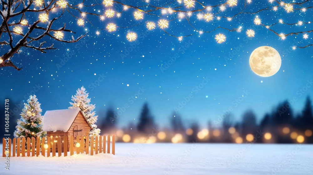 Obraz premium winter night sky filled with stars and full moon illuminates snowy landscape with cozy cabin and twinkling lights, creating serene and magical atmosphere